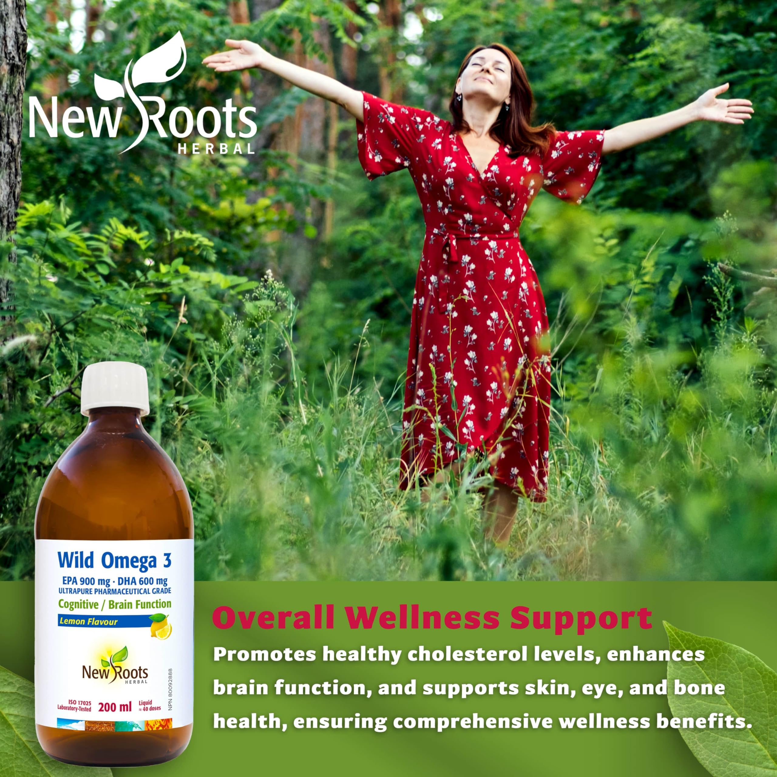 New Roots Herbal - Oméga-3 Sauvage AEP 900mg ADH 600mg, Saveur Citron, 200ml 40 Portions - Supplément d'Huile de Poisson Liquide d'Acides Gras Oméga-3 - Aide à Soutenir la Santé Cognitive, les Yeux, les Nerfs et la Fonction Cérébrale