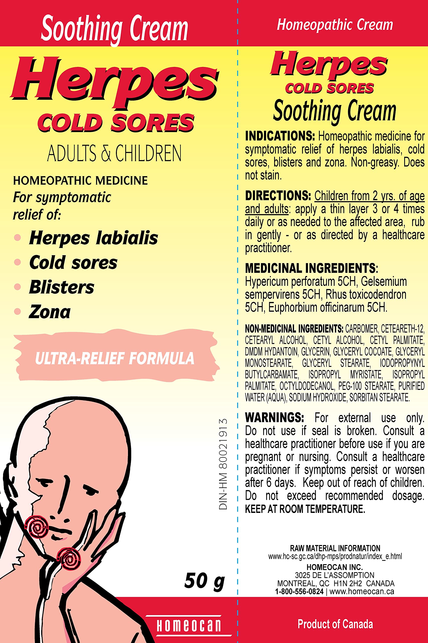 Homeocan Herpes Cream 50g - Gentle Homeopathic Formula for Lip & Skin Discomfort, Soothes Dryness, Itching & Irritation - Safe for Adult & Children - Non-Greasy, Quick-Absorbing and Stain-Free Care