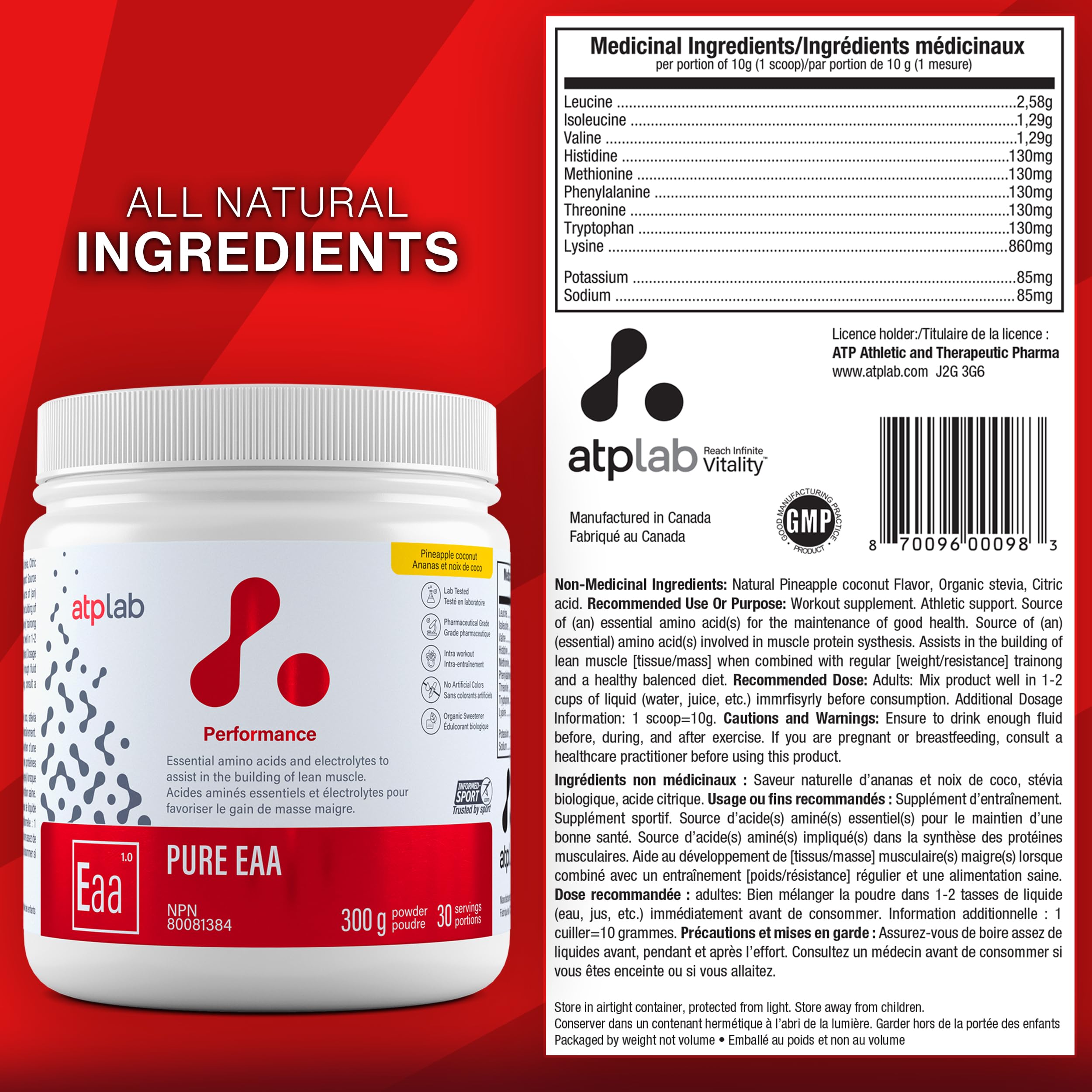 ATP LAB - Pure EAA en Poudre 300g (Saveur Framboise) - Supplément EAA - Poudre d'Acides Aminés Essentiels - Développement Musculaire - Récupération Musculaire