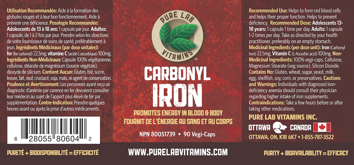 Pure Lab Vitamins | Carbonyl Iron Supplement with Vitamin C | 90 Capsules | Blood Builder Iron Supplement & Vitamin C Supplement | L-Ascorbic Acid and Non Constipating Iron Supplement for Men and Women
