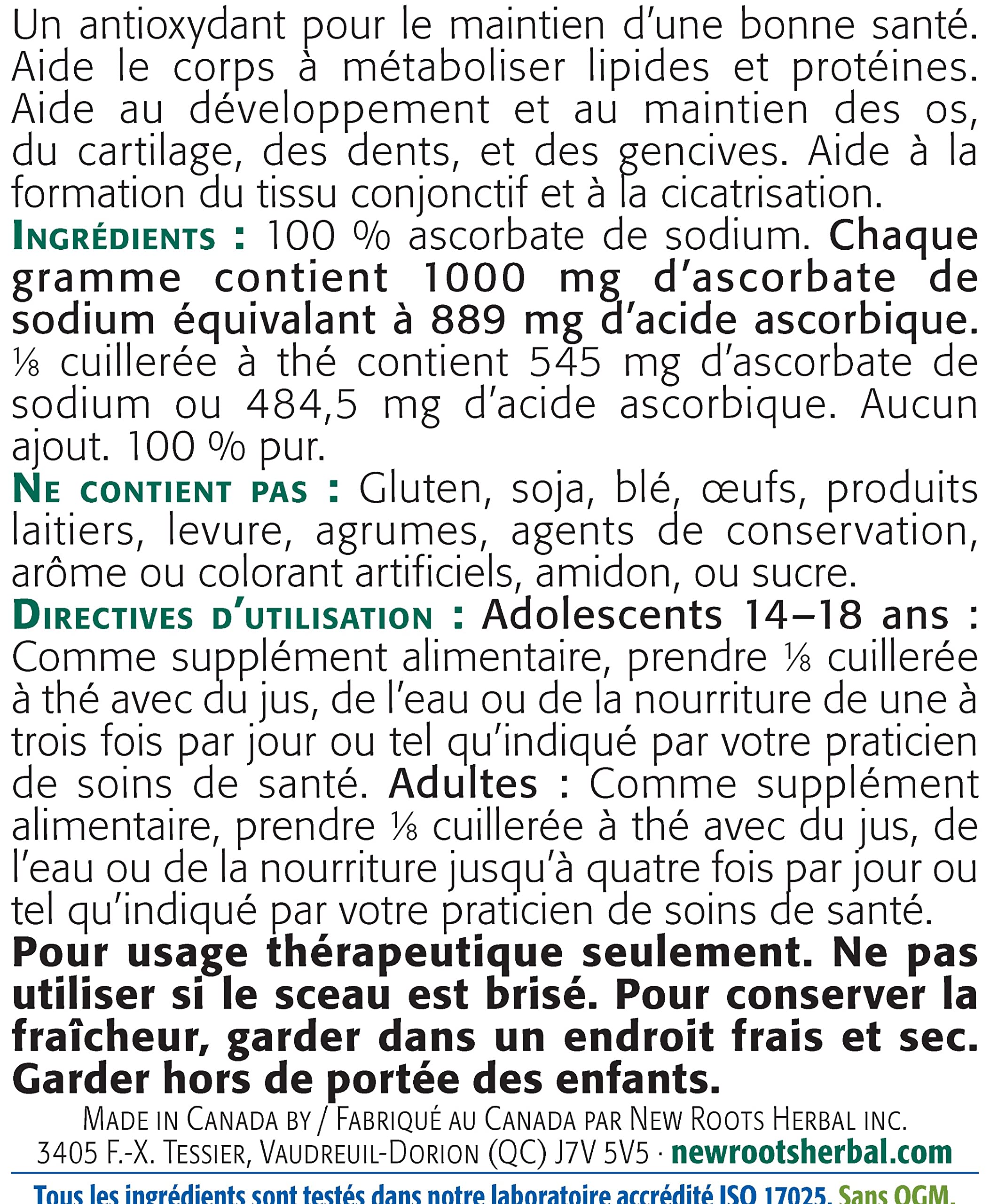 New Roots Herbal Vitamine C Ascorbate de Sodium Pure en Poudre 250g, Tamponnée et Douce pour l'Estomac, Soutient la Santé des Os, Dents, Gencives et Cartilages, 458 Portions
