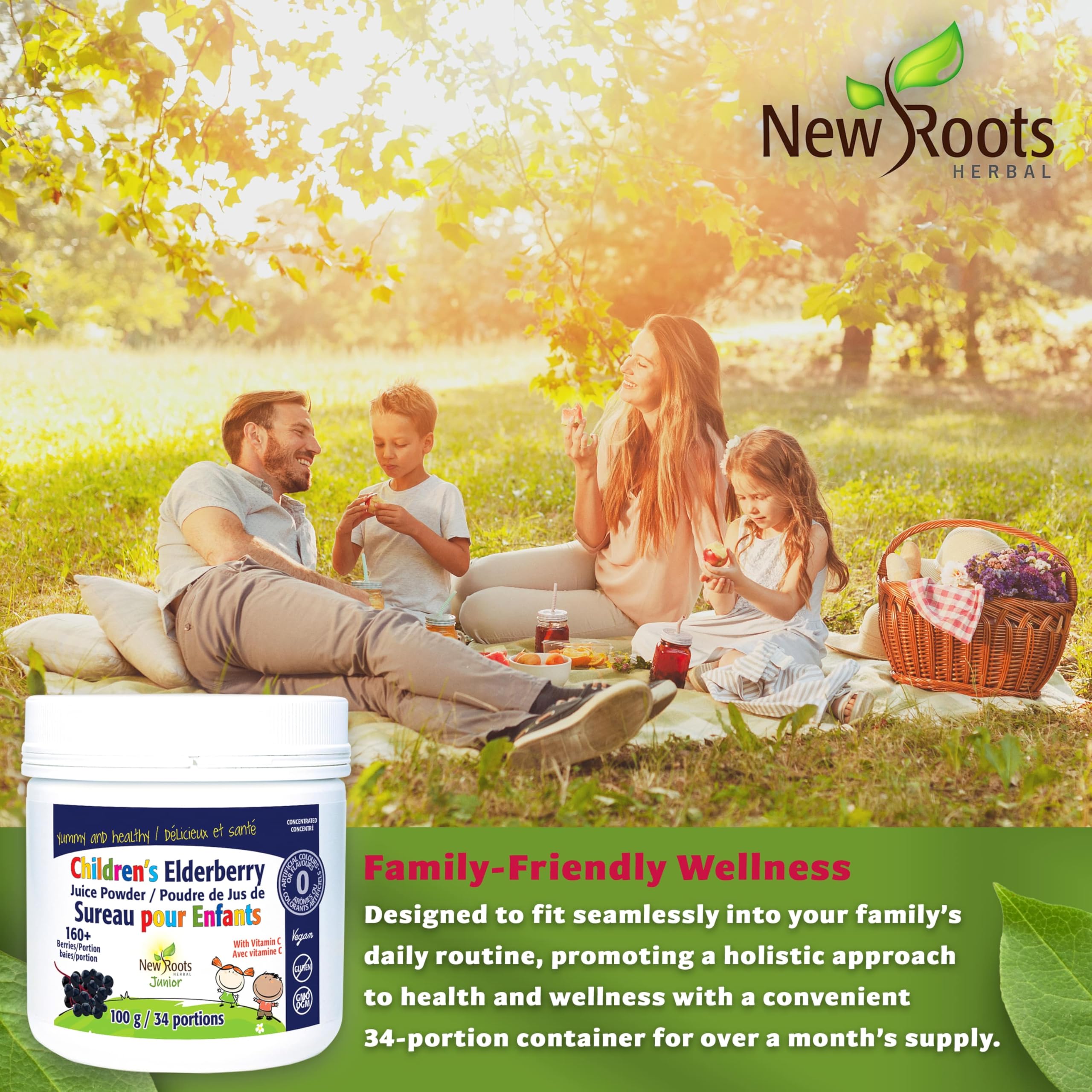 New Roots Herbal - Children's Elderberry Juice Powder with Rich in Vitamin C, 100g 34-Servings - 160+ Berries Per Portion, Pure Elderberry Supplement for Kids - Overall Wellness for Children - Vegan
