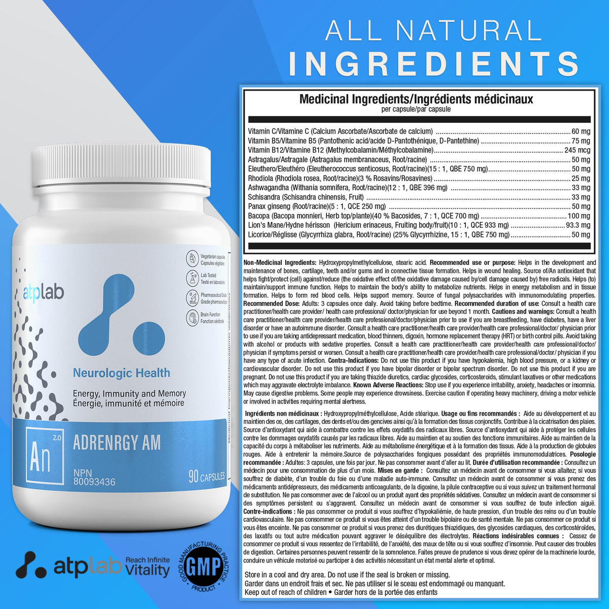 atplab AdrenRGY AM, Ashwagandha, Rhodiola Rosea, Vitamin C, B12, 90 Caps
