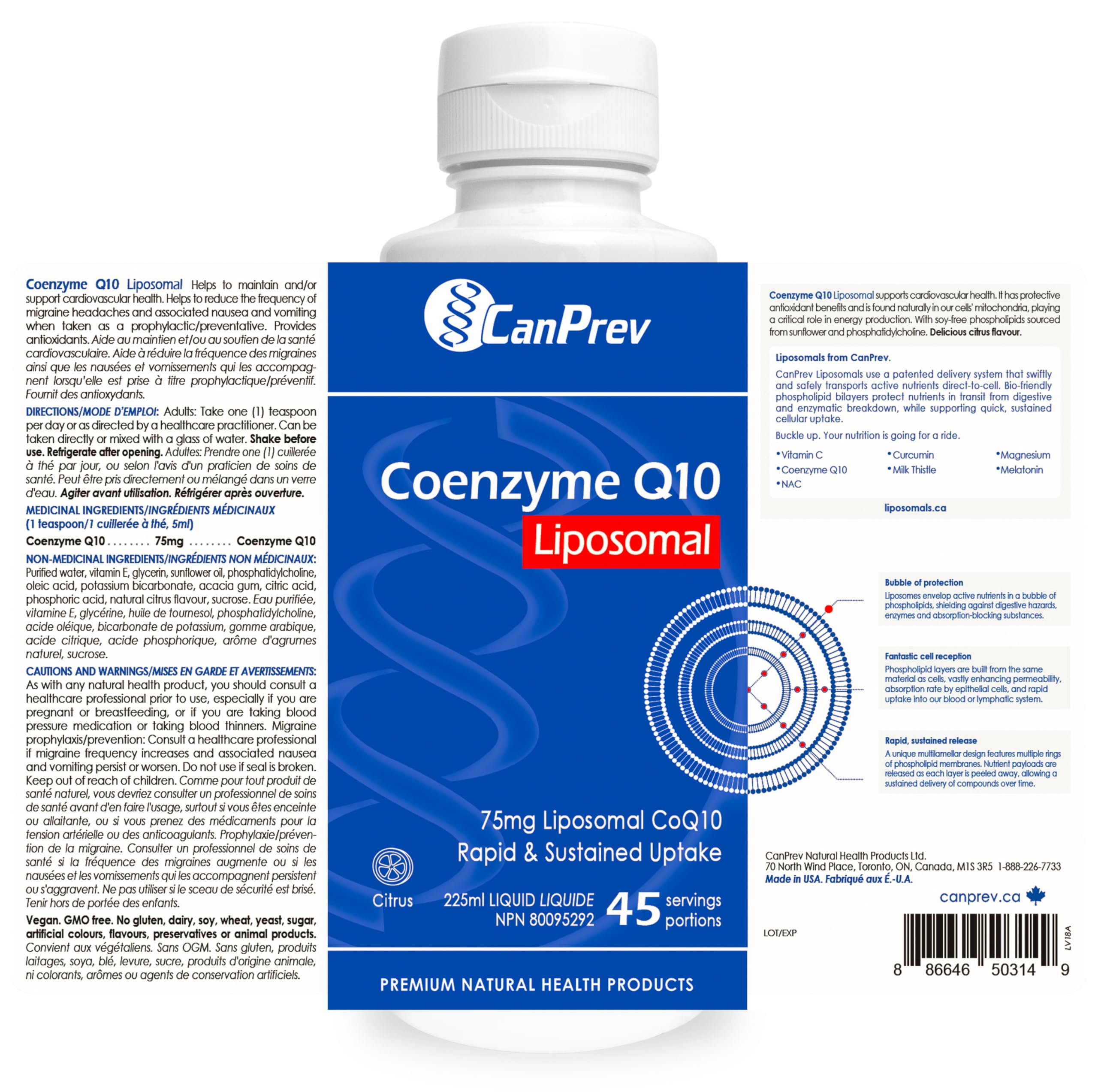 CanPrev Coenzyme Q10 Liposomale 75 mg Saveur Agrumes, Liquide 225 ml 45 Portions - Formule à Absorption Améliorée pour la Protection Antioxydante et le Maintien de la Santé Cardiaque - Végétalien, Sans OGM et Sans Gluten