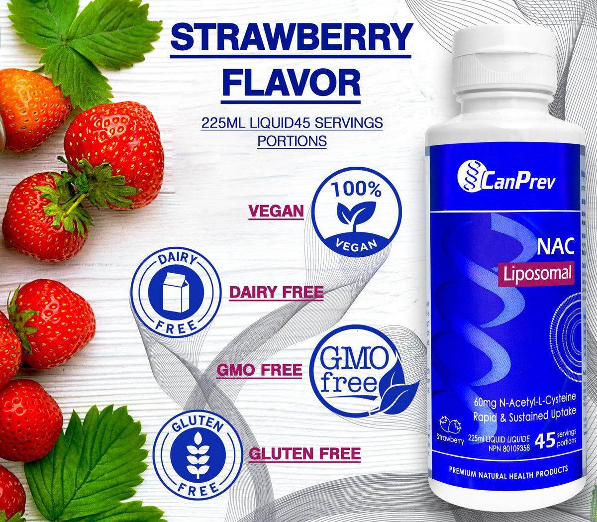 CanPrev Liposomal NAC Supplement, N Acetyl Cysteine, Strawberry, 225ml