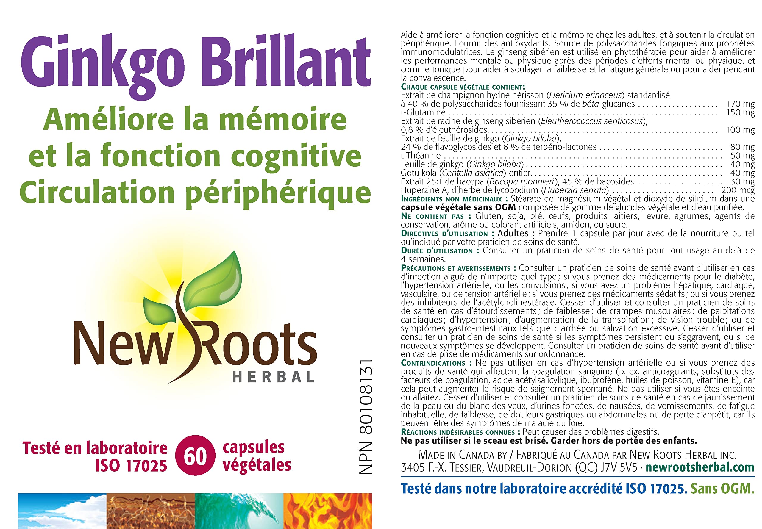 New Roots Herbal Smart Ginkgo Biloba, 60 capsules végétariennes, cure de 60 jours – Favorise la clarté mentale et les performances cognitives, supplément cérébral avec Crinière de Lion, L-Glutamine et Ginseng, sans gluten, sans OGM