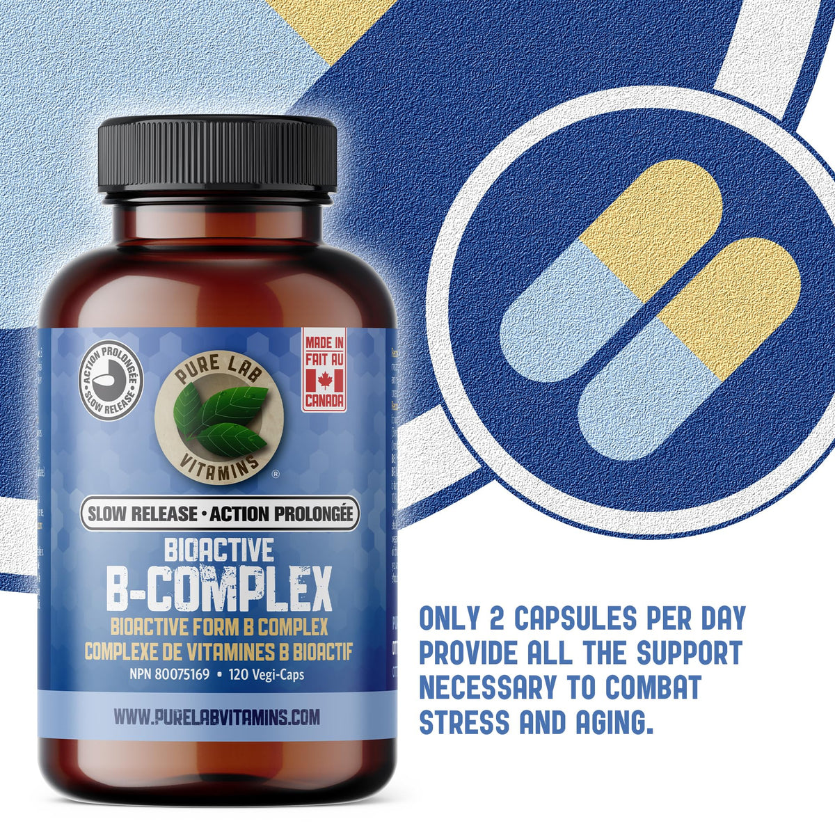 Pure Lab Vitamin | Slow Release Bioactive B Complex | 120 Capsules | Vitamin B-Complex Supplements | Metabolic Support Immune System | Vitamin B Pressure Complex | B Complex Vitamins for Men and Women