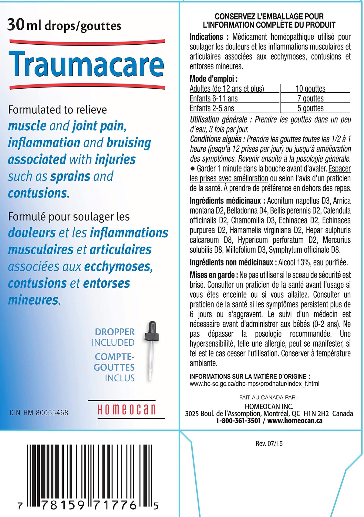 Homeocan Traumacare Drops 30ml - Arnica Montana Homeopathic Formula for Comforting Muscles & Joints – Supports Natural Recovery from Everyday Bumps, Strains & Stiffness – Easy-to-Use Dropper Included