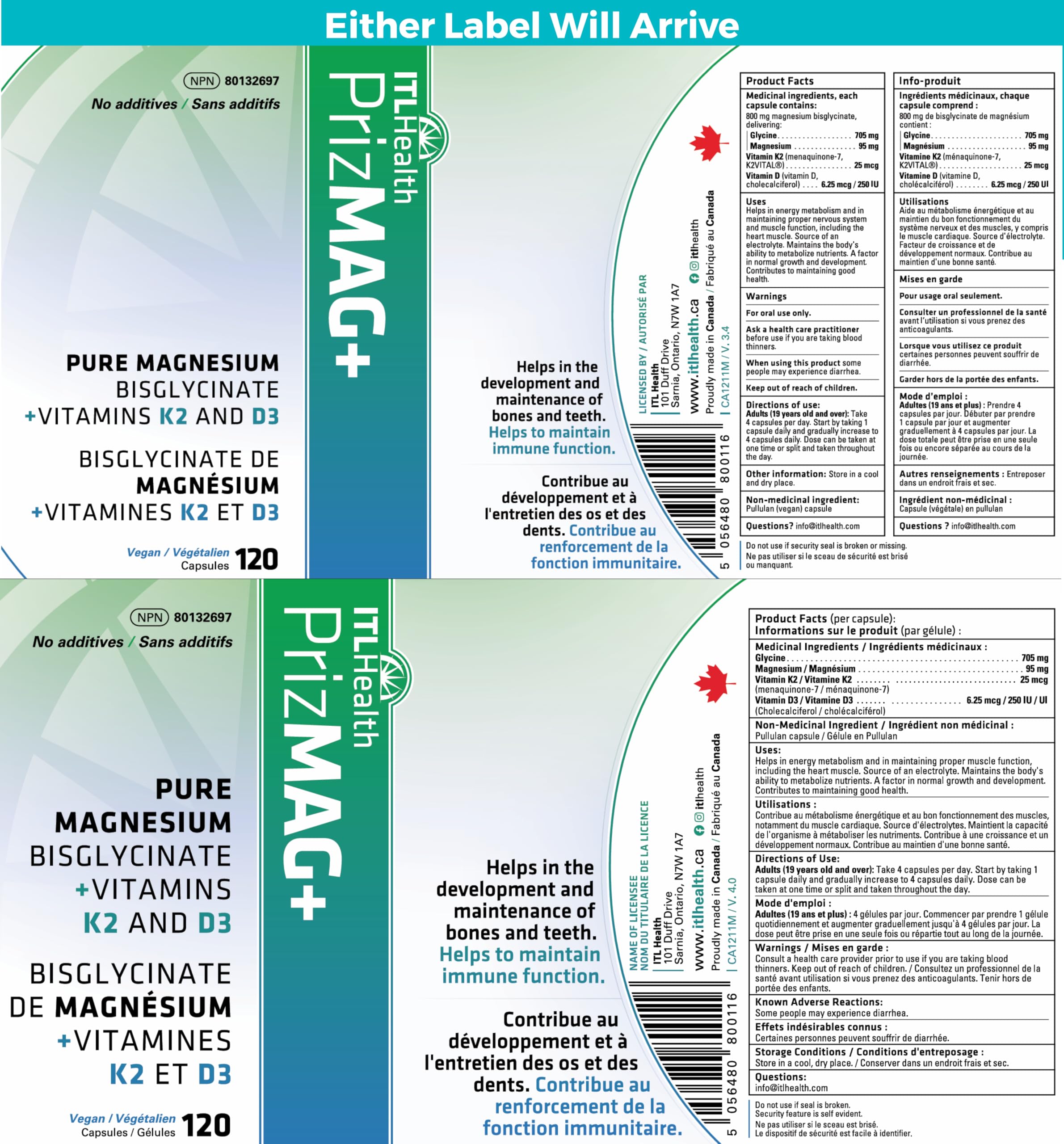 PrizMAG Magnesium Bisglycinate - Chelated Form for High Absorption, with Added Vitamin D3 & K2, Capsules for Bone & Muscle Support - No Fillers or GMOs | Made in Canada