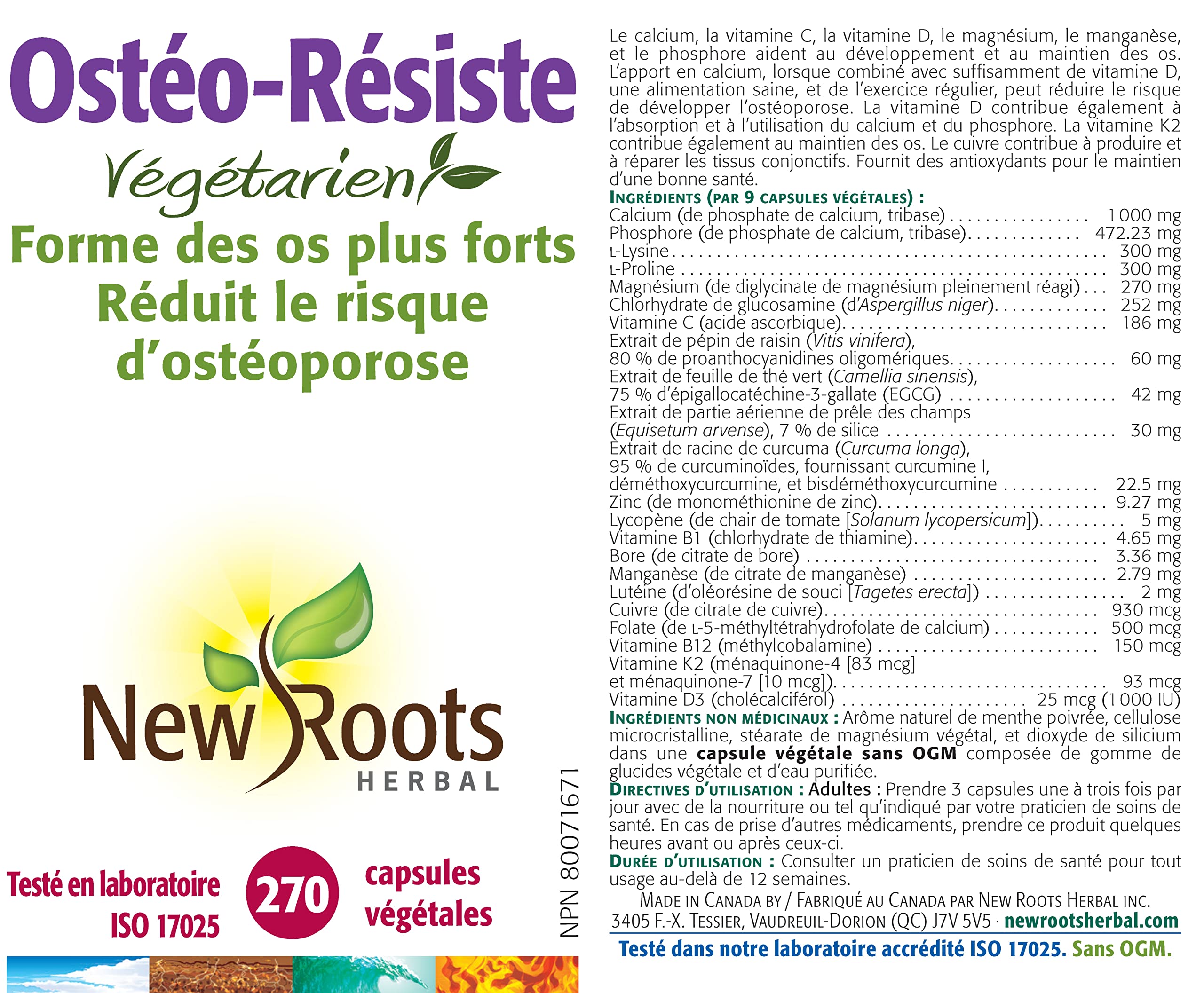 New Roots Herbal Végétarien Os Solides, 270 gélules pour 90 jours, Calcium, Magnésium et L-Proline, Soutient la densité osseuse et l'intégrité structurelle, Sans OGM
