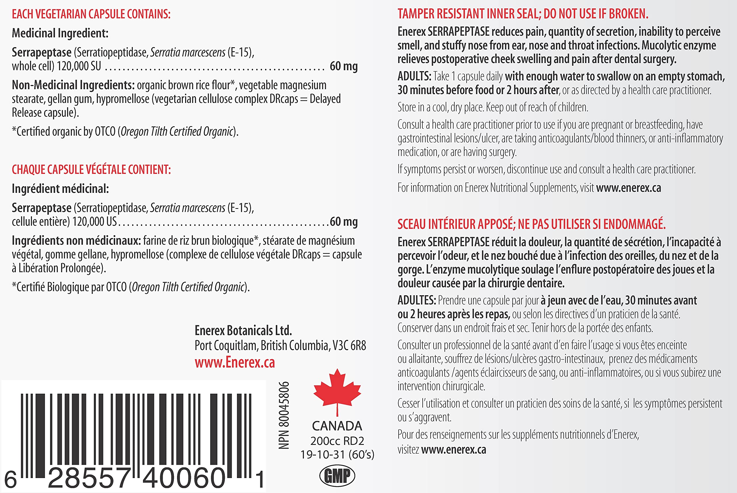 ENEREX - Serrapeptase 120 000 SU - Enzyme Douleur et Inflammation, 60 gélules