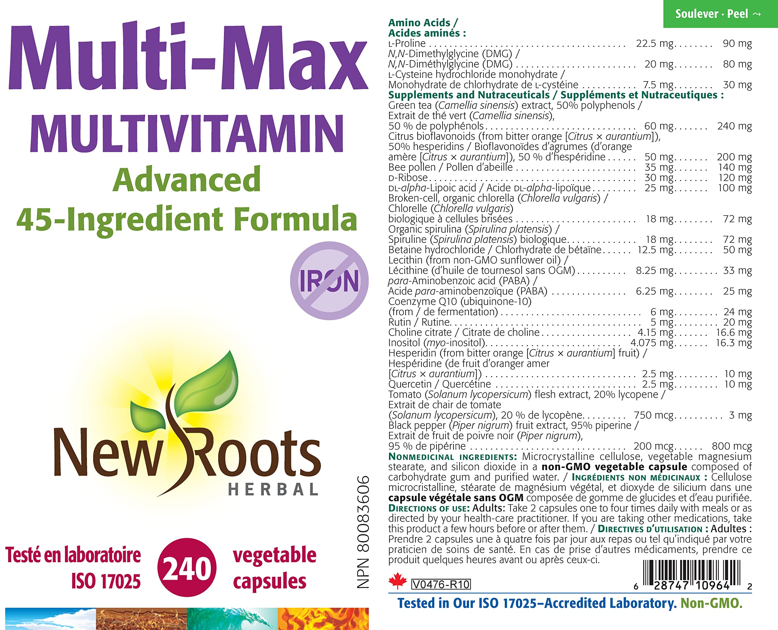 New Roots Herbal Multi-Max Iron-Free Multivitamin, 240 Veg Caps 120-Day Supply, Advanced 45-Ingredient Formula, Non-GMO, Gluten-Free, Ideal for Men & Women, Promote Vitality, Wellness & Mental Clarity