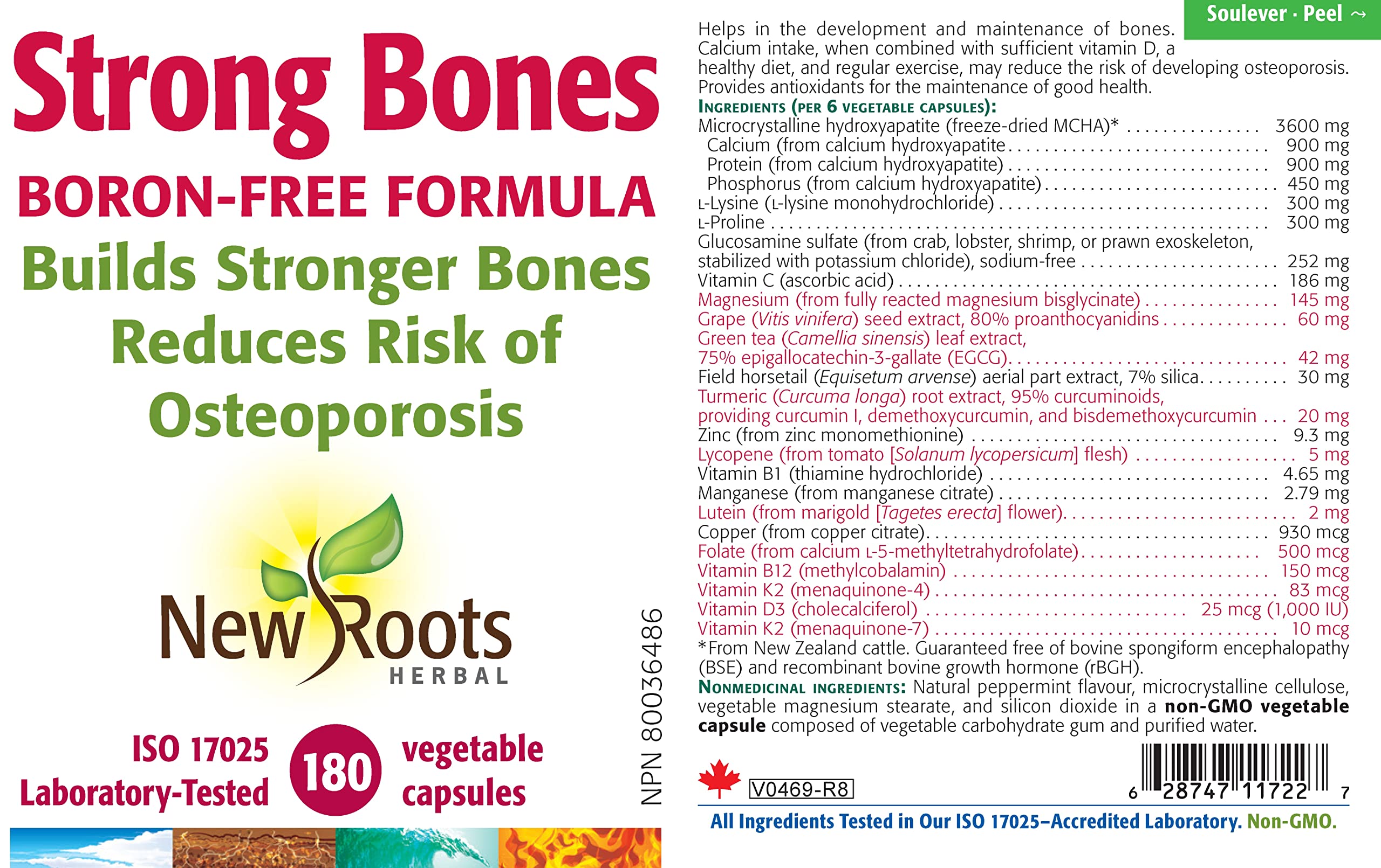 New Roots Herbal Strong Bones Boron-Free Formula 180 Veg Caps, 90-Day Supply, Supports Bone Strength, Joint Support, with Vitamins C, B-12 & K, Non-GMO, Gluten-Free, Promote Healthy Hair, Skin & Nails