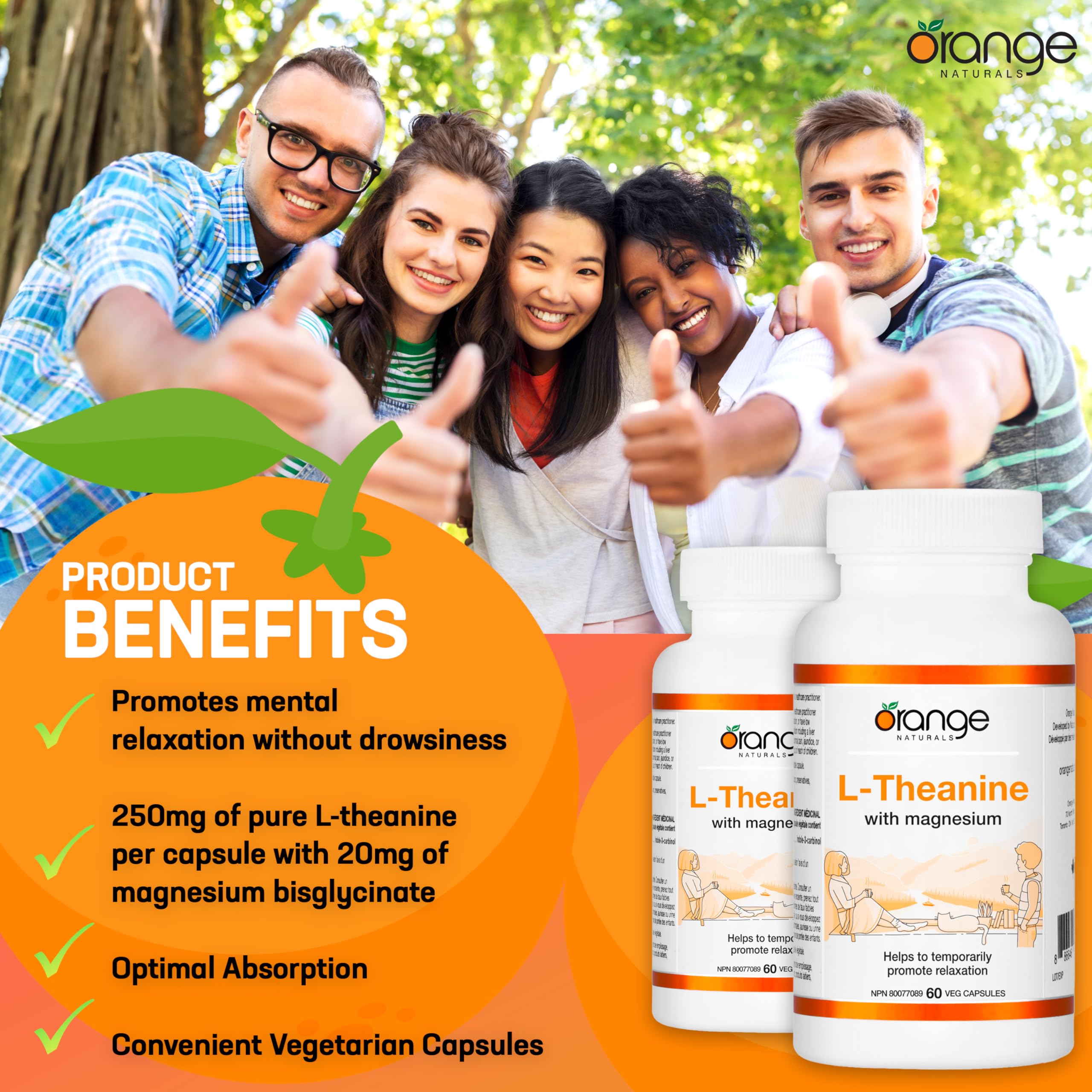 Orange Naturals - L-Théanine et Bisglycinate de Magnésium 250 mg, 60 gélules (approvisionnement de 60 jours) - Soutien amélioré pour le sommeil et la relaxation sans somnolence, favorise le calme mental - Végétalien et sans OGM