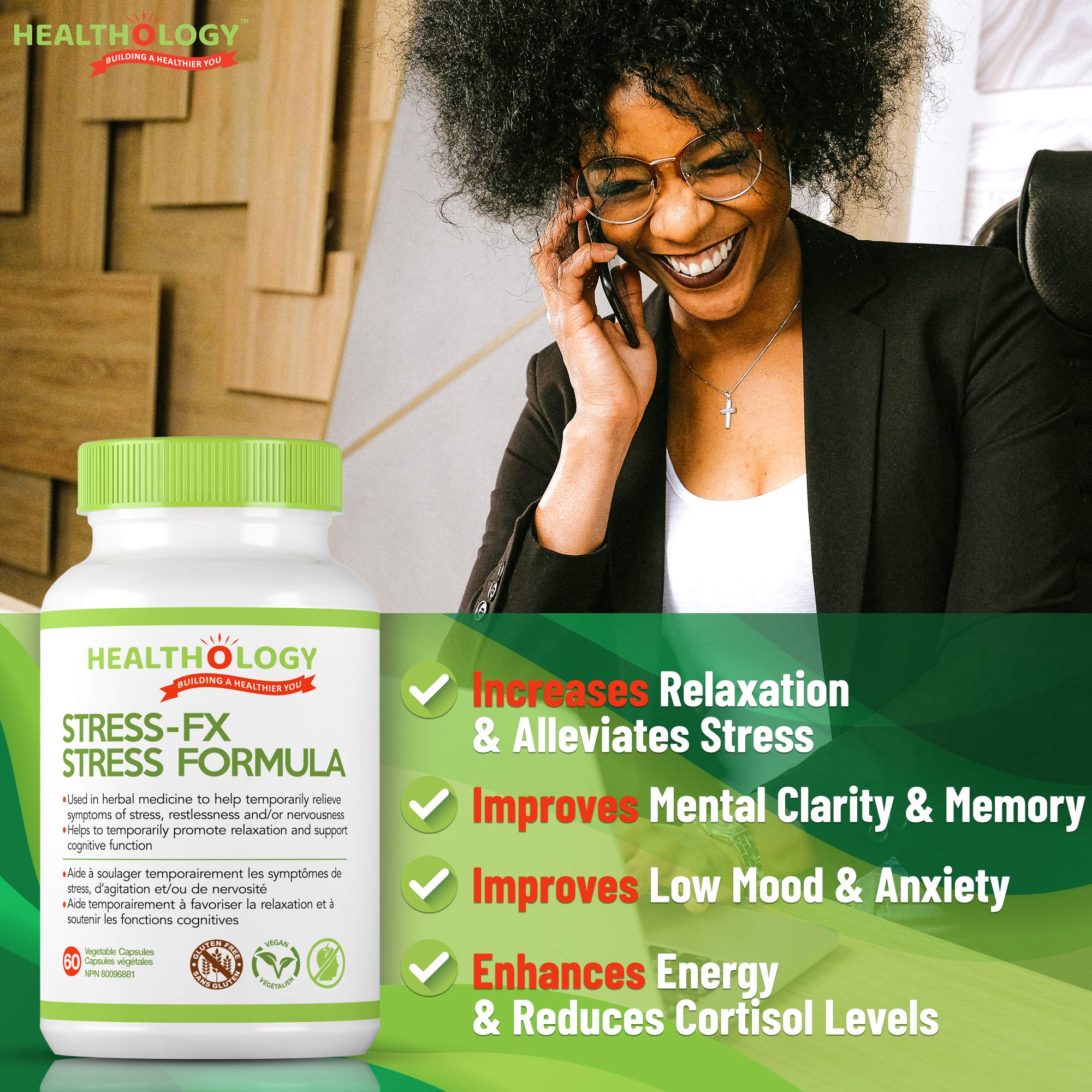 Healthology Stress-FX Stress Formula – Cortisol & Calm Support with Rhodiola, Ashwagandha & GABA – 60 Veg Capsules – Vegan, Gluten-Free, Non-GMO
