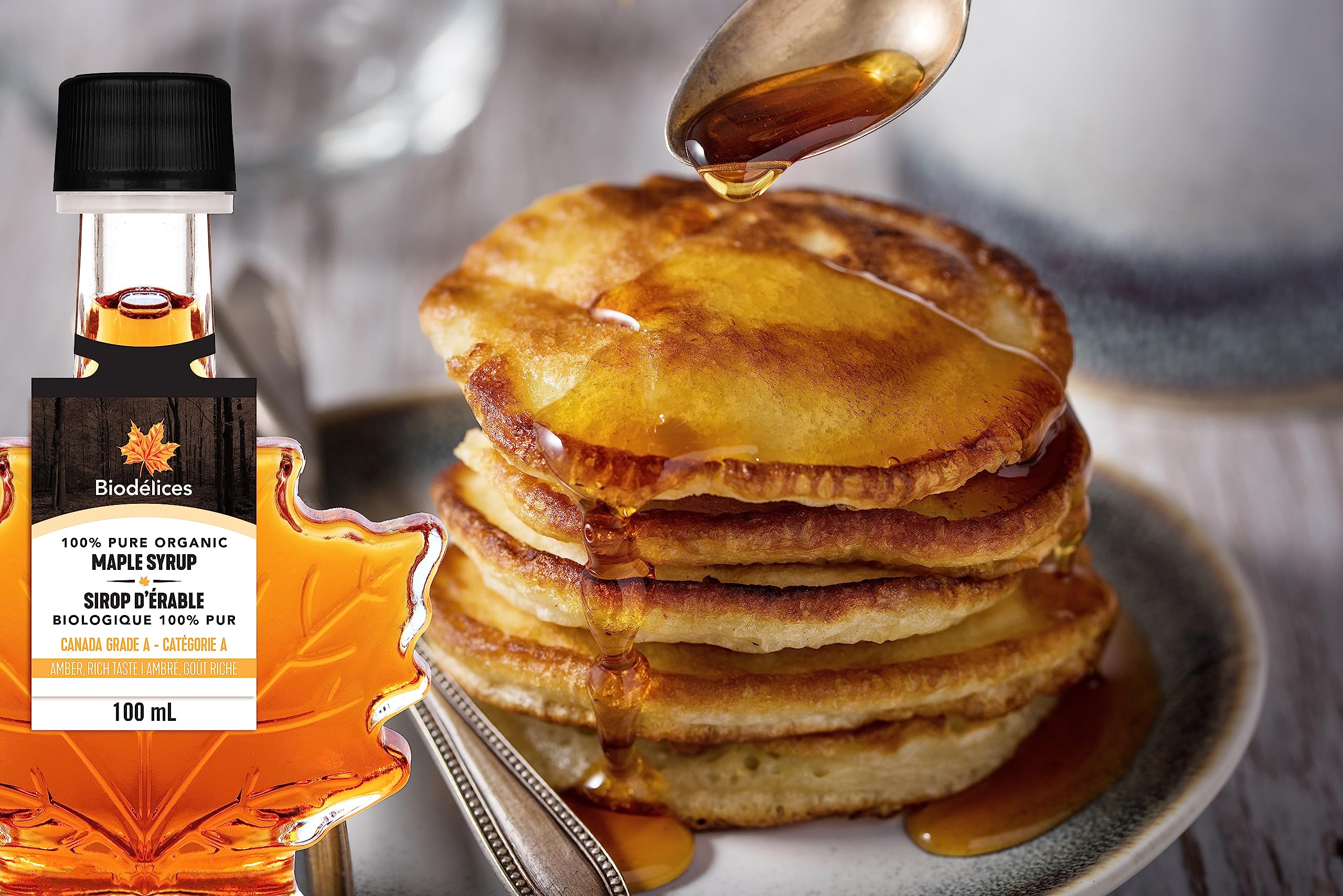 Biodélices 100% Pure Organic Maple Syrup - Grade A - Quebec's Finest in Elegant Maple Leaf Bottle