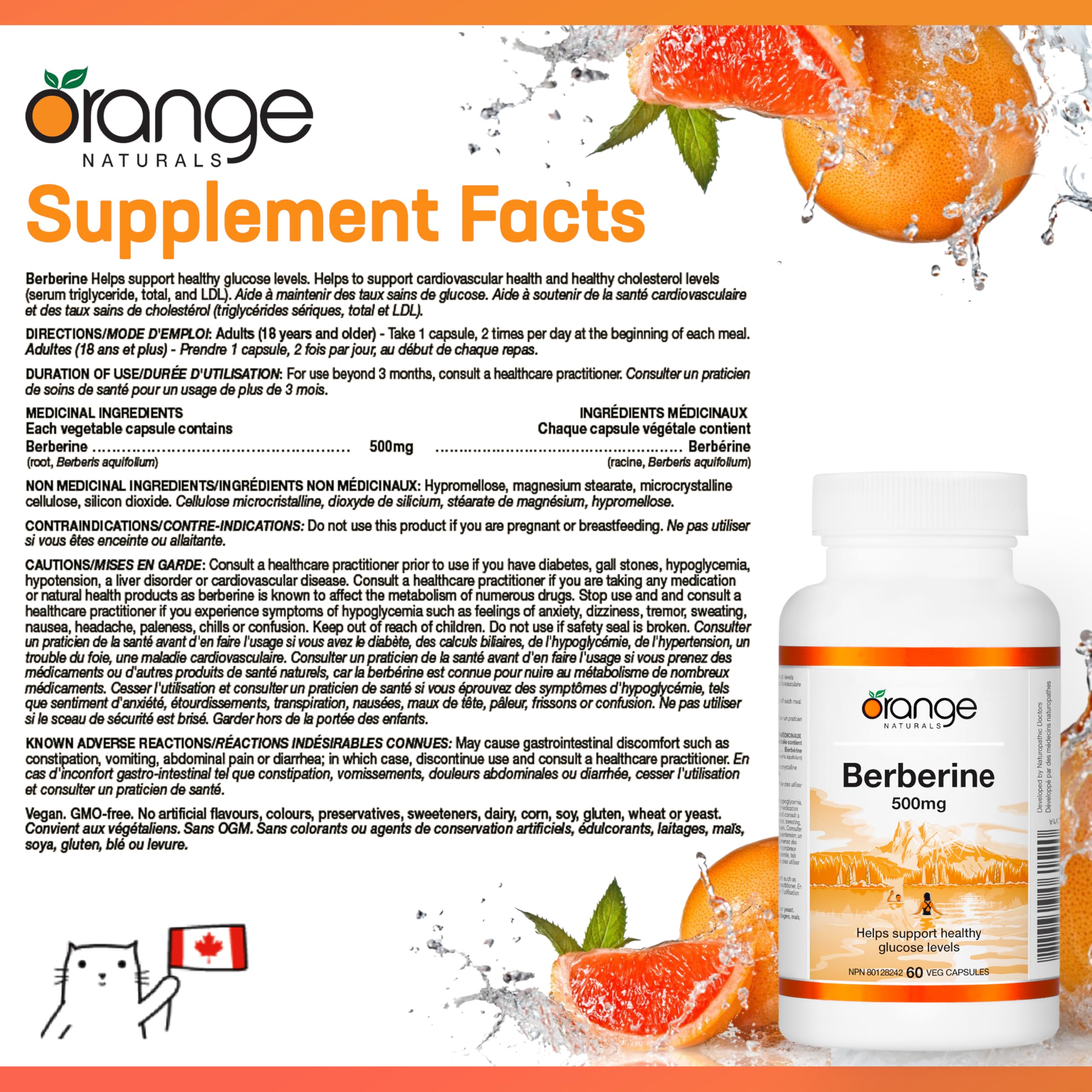 Orange Naturals - Berberine 500mg, 60 gélules (30 jours d'approvisionnement) - La berbérine aide à soutenir des niveaux de glucose sains, des niveaux de cholestérol sains et la santé cardiovasculaire - Végane et sans OGM - Soutien métabolique naturel
