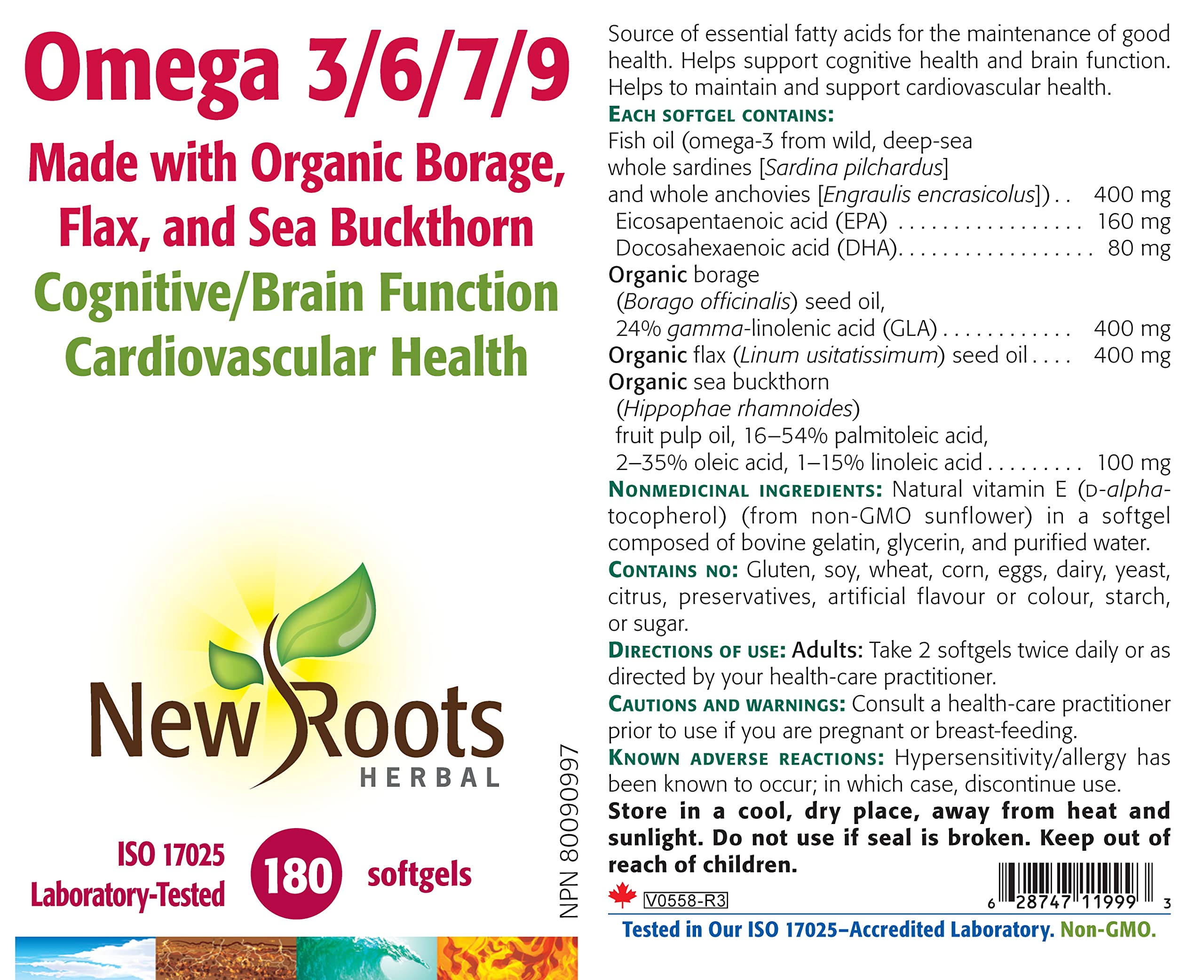 New Roots Herbal Oméga 3/6/7/9, 180 gélules, pour 45 jours, mélange biologique de bourrache, graines de lin et argousier, favorise la fonction cardiaque et le bien-être cognitif, sans OGM, sans arrière-goût de poisson, facile à avaler