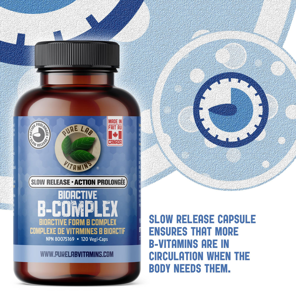 Pure Lab Vitamin | Slow Release Bioactive B Complex | 120 Capsules | Vitamin B-Complex Supplements | Metabolic Support Immune System | Vitamin B Pressure Complex | B Complex Vitamins for Men and Women