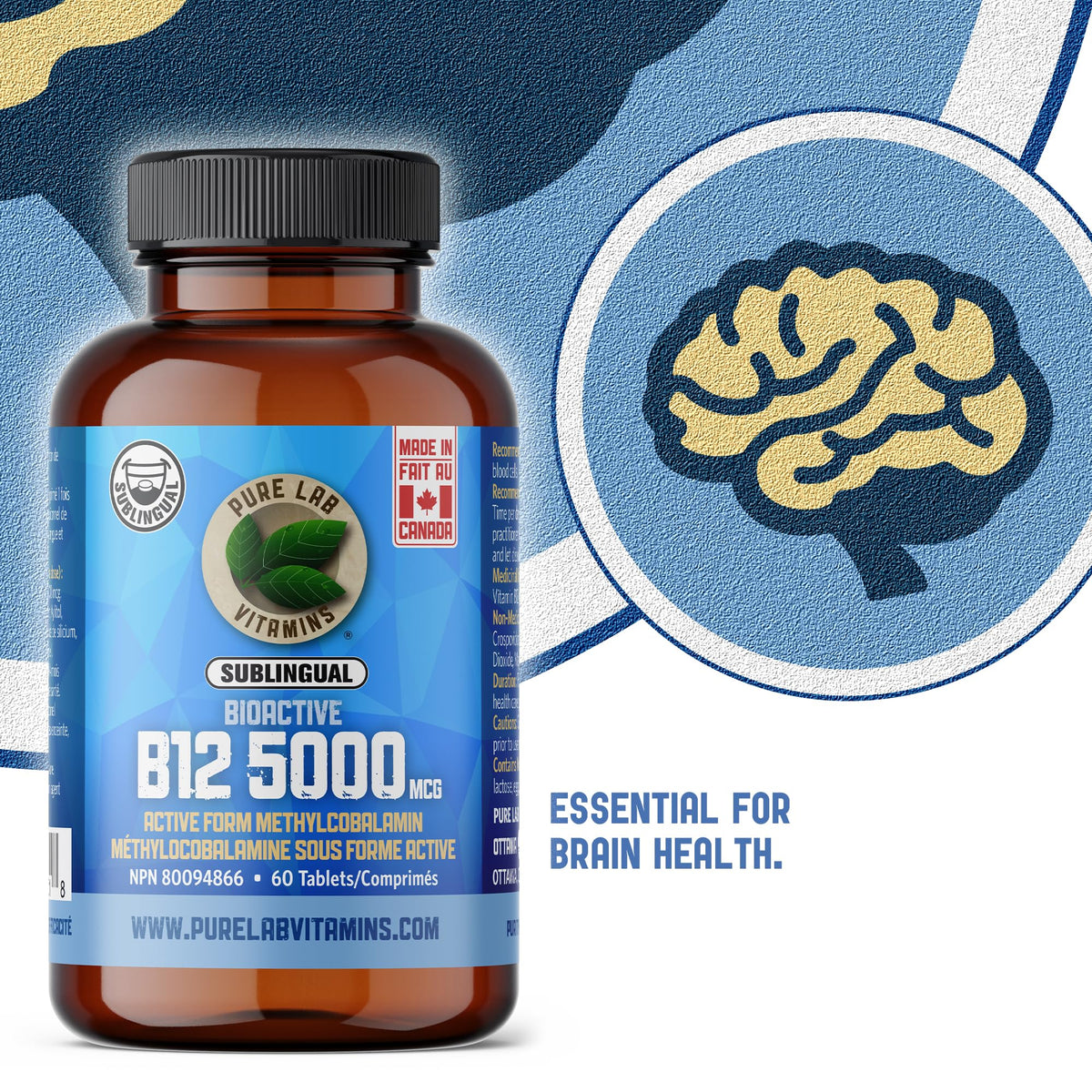 Pure Lab Vitamins | Bioactive Vitamin B12 5000mcg | 60 Tablets | Sublingual B12 Methylcobalamin 5000 mcg | Metabolism Boosters Energy Supplement | Helps in Normal Immune System Function - Gluten Free