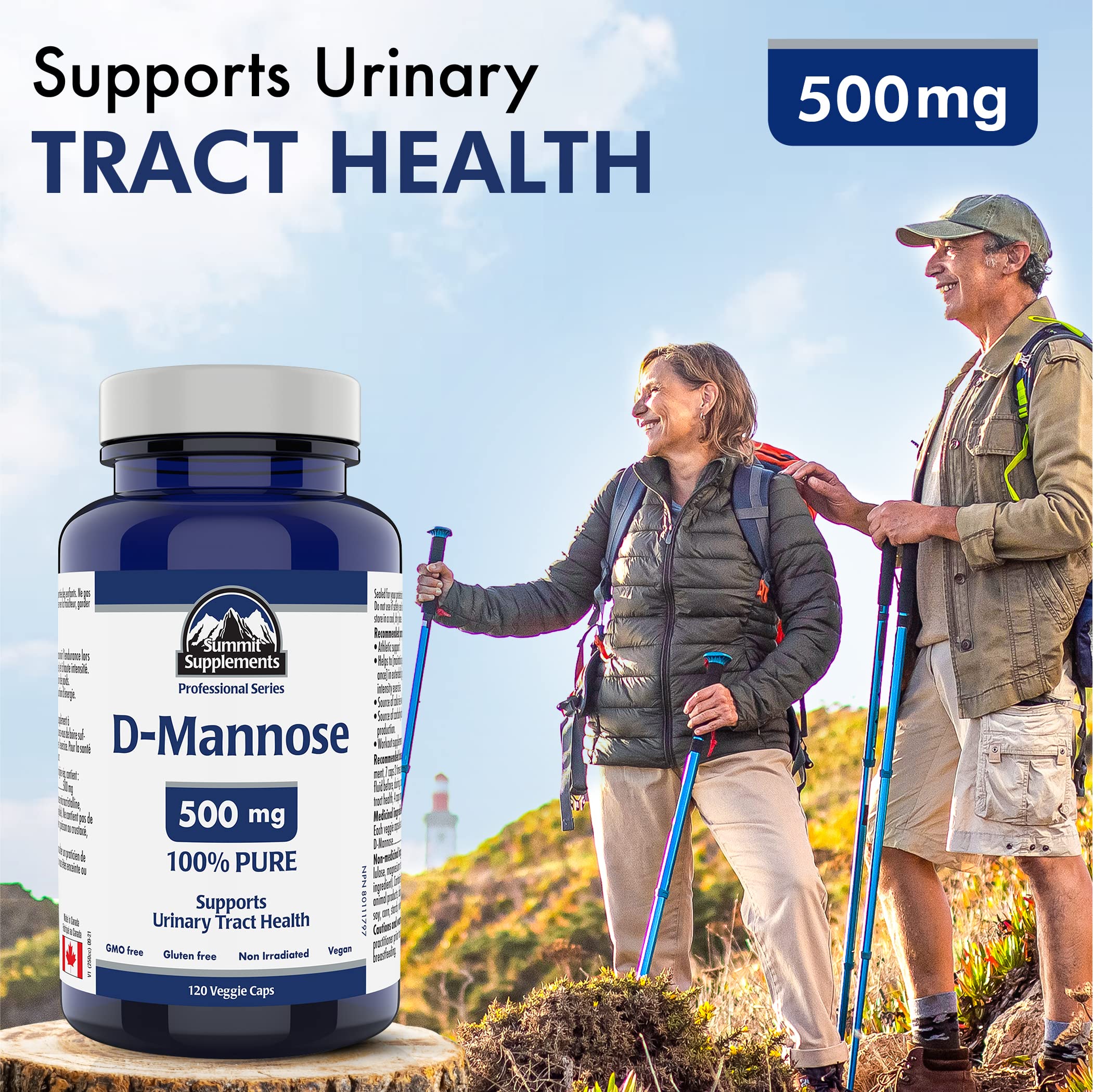 Poudre de D-Mannose pour les infections urinaires (santé des voies urinaires), fièrement canadienne et à impact plastique négatif.