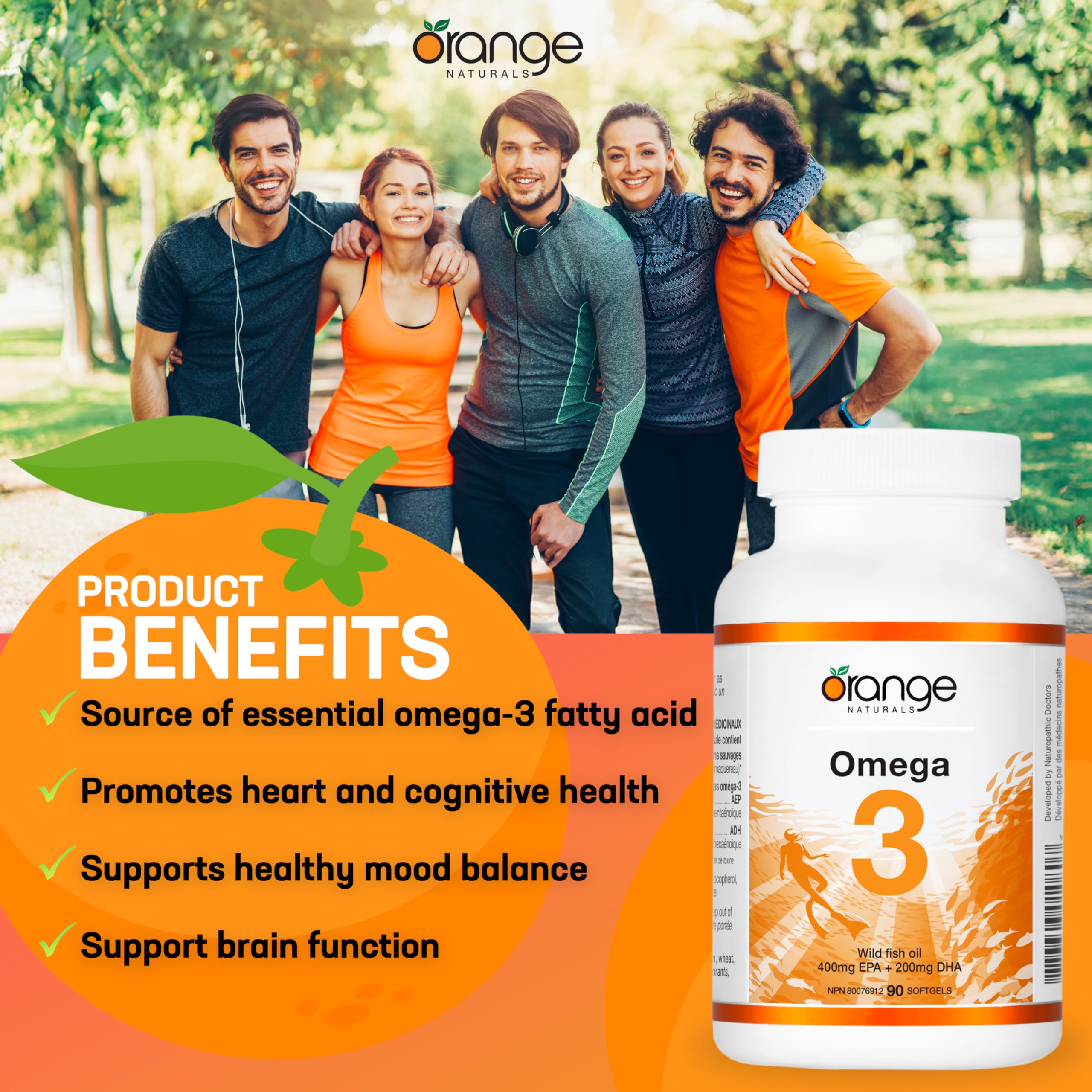 Orange Naturals Huile de poisson Oméga-3 - 90 gélules pour une meilleure santé cérébrale et cardiaque, acides gras essentiels triple concentration, sans OGM, haute teneur en EPA et DHA, soutient la fonction cognitive et le bien-être cardiaque