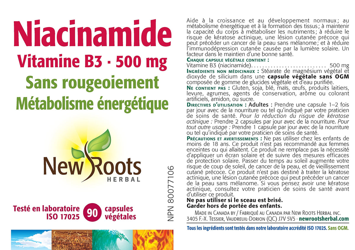 New Roots Herbal Niacinamide 500 mg, Niacin, Vitamin B3, 90 Veg Capsules