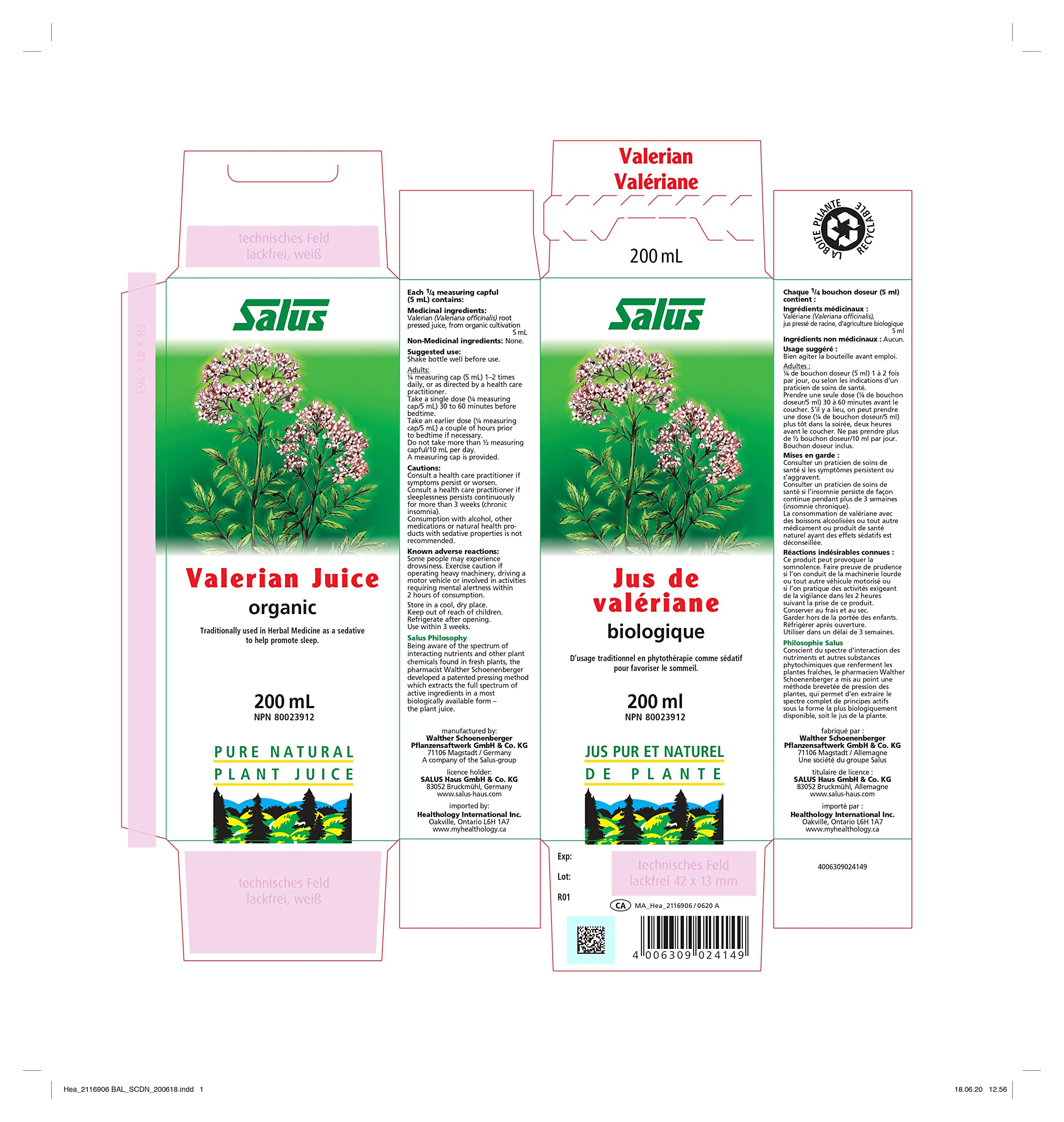 Salus Valerian Fresh Plant Juice | Natural Sleep Aid Promotes Deep Sleep and Anxiety Relief | Calming Support| Herbal Supplement Relax Body and Mind | Organic Valerian Root and Herb | Vegan