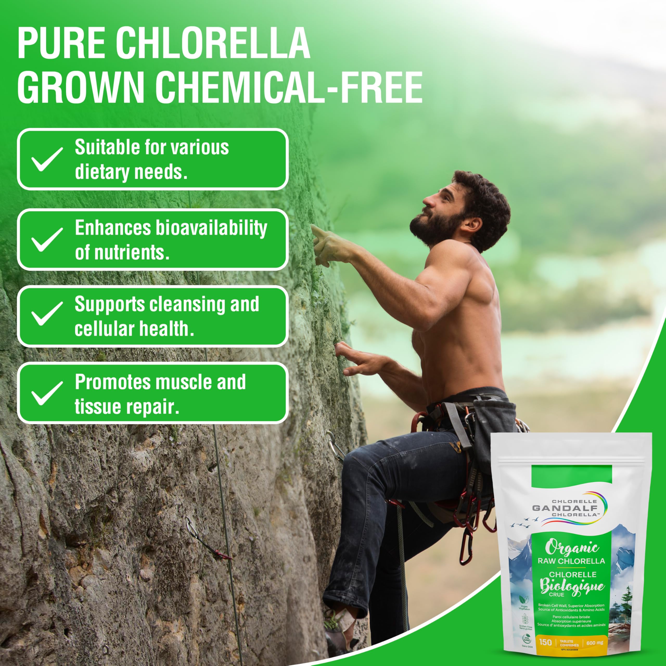 Gandalf Organic Raw Chlorella 600mg Broken Cell Wall, 150 Tablets 150-Day Supply - Support Mental Focus & Vitality - Vegan and Non-GMO - Nutrient-Rich Algae Packed with Trace Minerals & Amino Acid