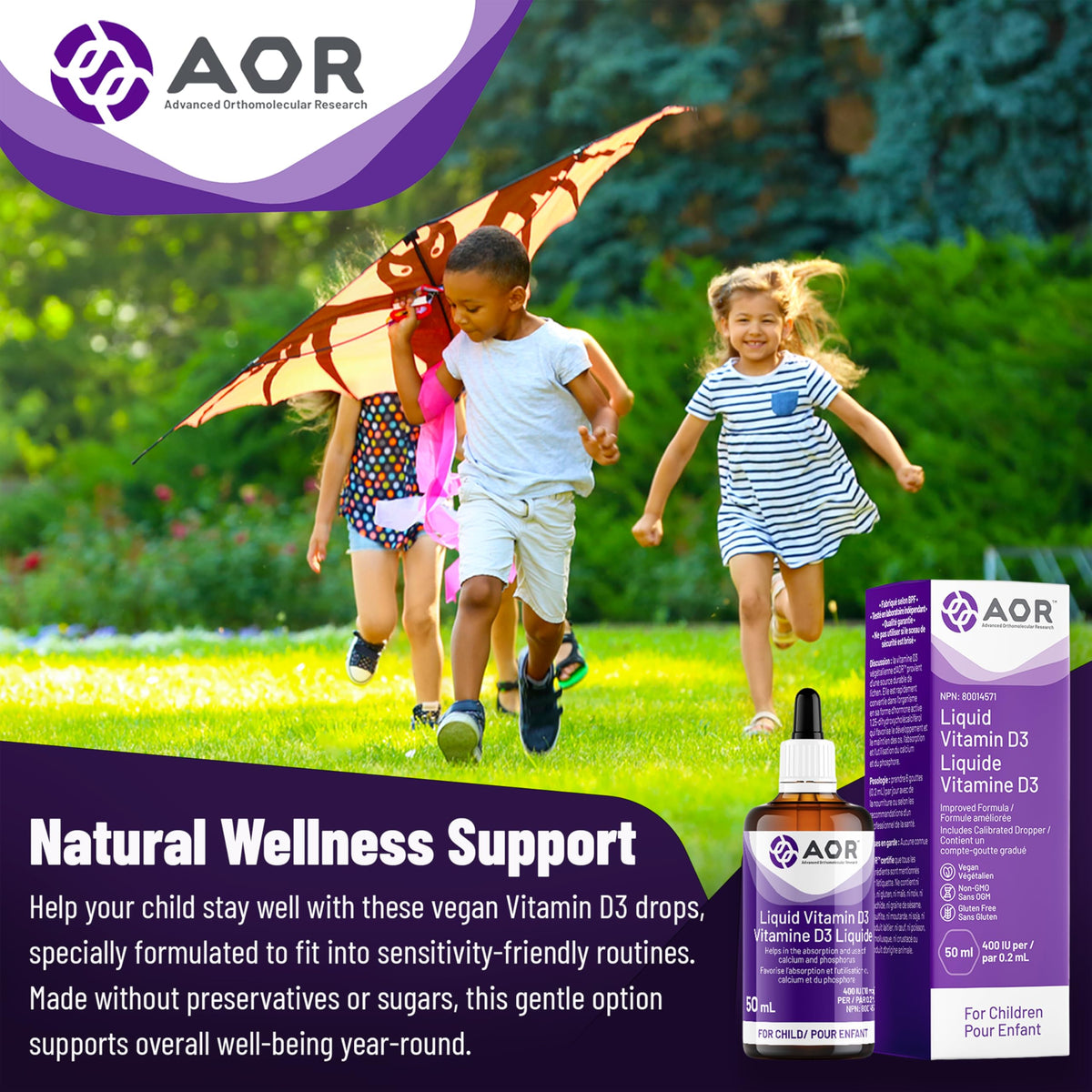 AOR Kids Vitamin D3 Drops, Unflavoured, Vegan, 400 IU, 50 ml, 250 Servings