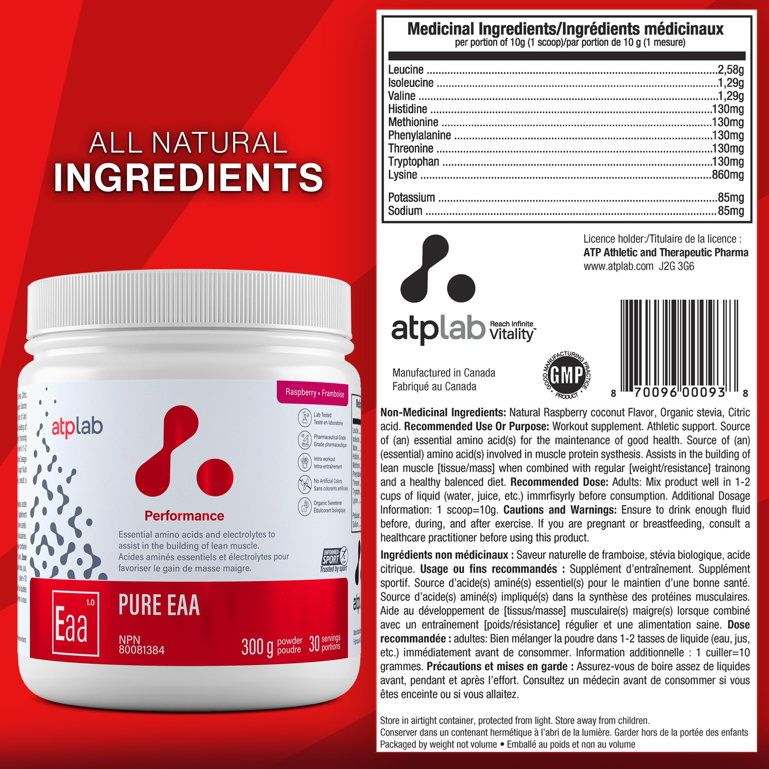 ATP LAB - Pure EAA en Poudre 300g (Saveur Framboise) - Supplément EAA - Poudre d'Acides Aminés Essentiels - Développement Musculaire - Récupération Musculaire